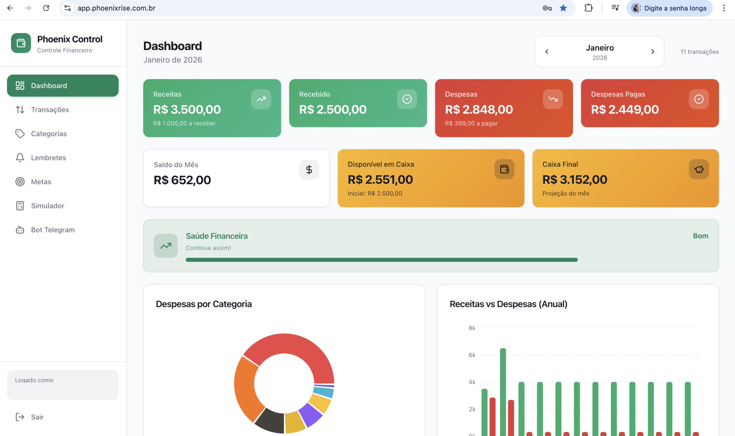 Tela do Dashboard Phoenix Control