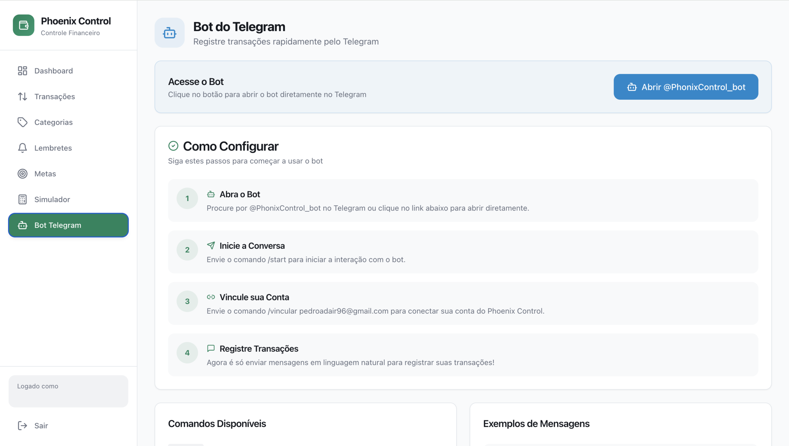 Tela do Bot Telegram Phoenix Control